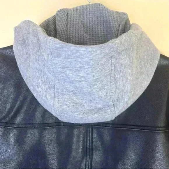 Guess Men Black Faux Leather Double Zip Hooded Coat Moto Bomber Jacket Size S - Picture 9 of 16